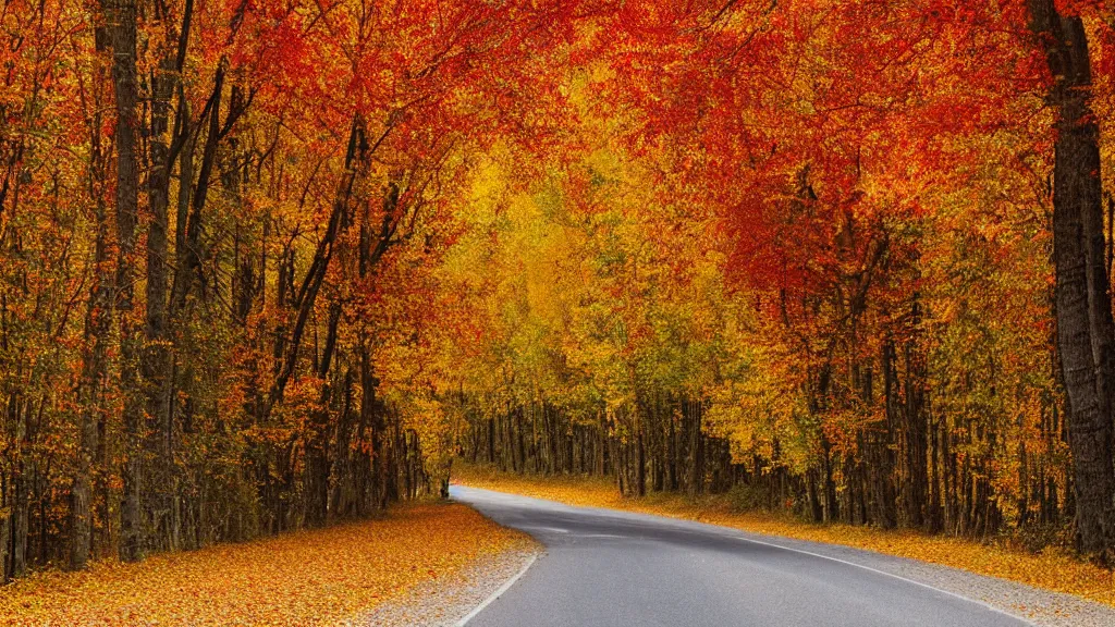 Prompt: a photograph of a country road! lined on both sides by maple and poplar trees, in the autumn, red orange and yellow leaves, some leaves have fallen and are under the trees and on the!!!!!! road