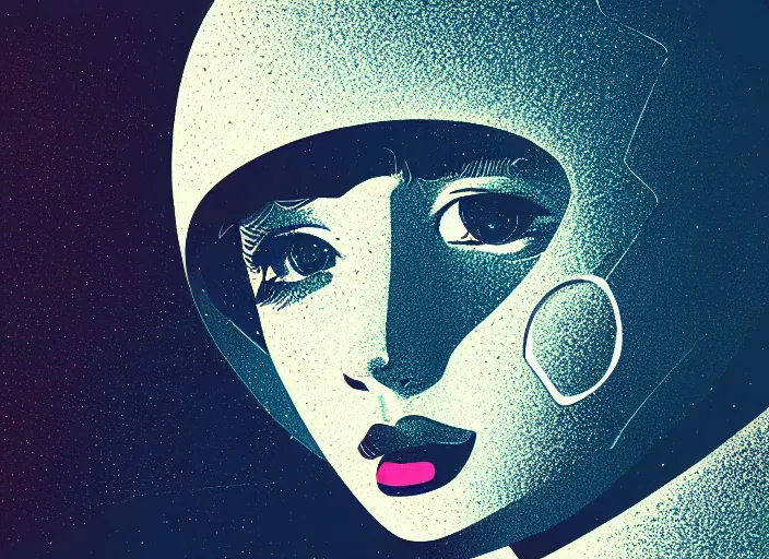 Image similar to portrait of a young astronaut girl, colorful, modern art deco, mads berg, karolis strautniekas, stippled light, fine texture, editorial illustration, dramatic lighting, dynamic composition, detailed, matte print, dynamic perspective, muted color