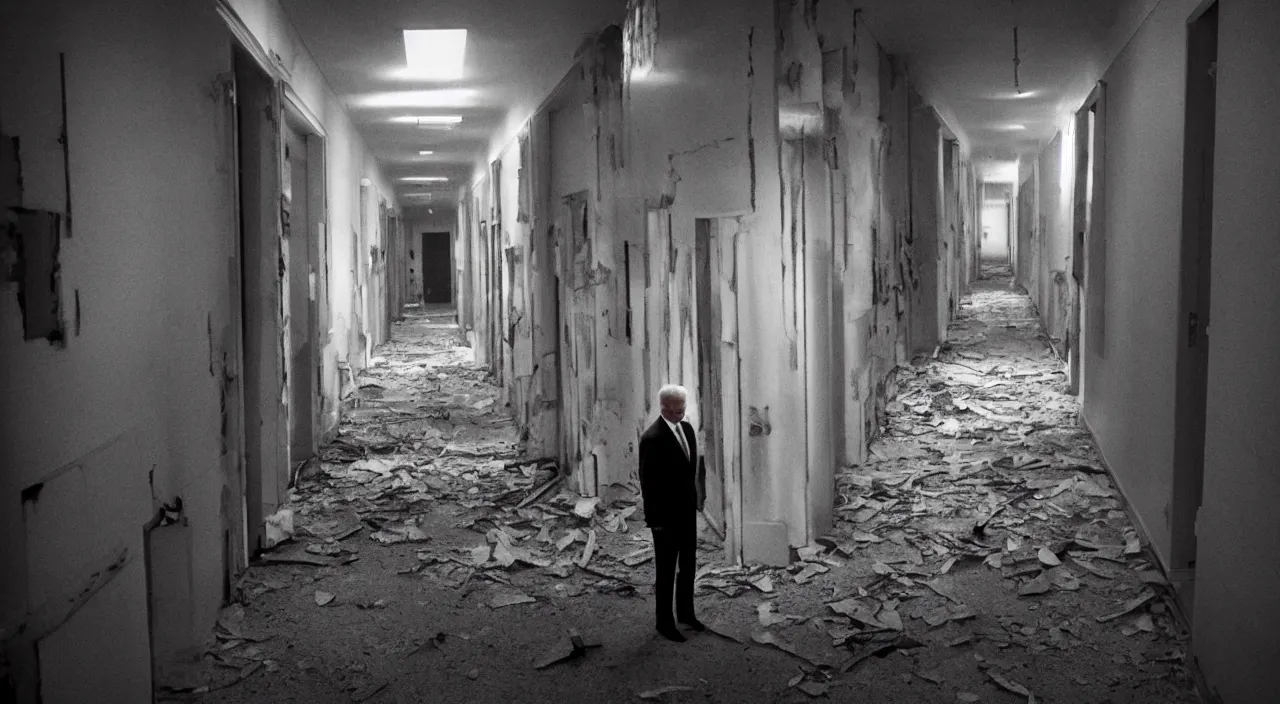 Prompt: unnerving dark 4 k photograph of joe biden standing alone in a long creepy hallway of an abandoned insane asylum, hospital, checkered floor, crime scene, horror