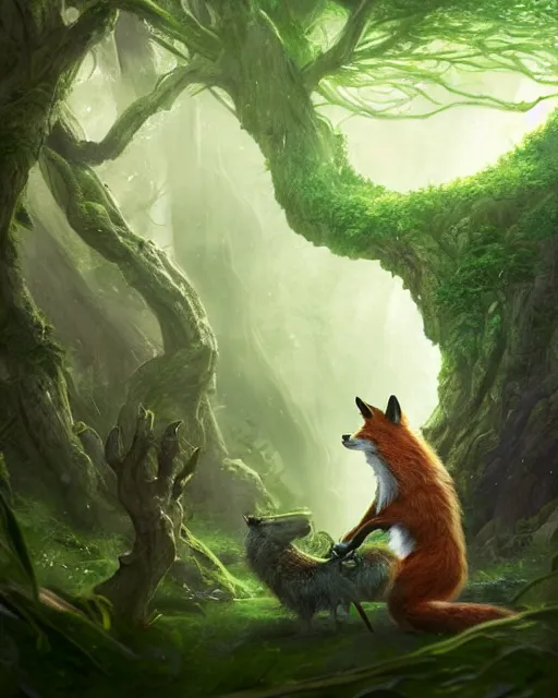 Image similar to Fox, Anthropomorphized, playing harp in magical green forest, magic the gathering artwork, D&D, fantasy, cinematic lighting, centered, symmetrical, highly detailed, digital painting, artstation, concept art, smooth, sharp focus, illustration, volumetric lighting, epic Composition, 8k, art by Akihiko Yoshida and Greg Rutkowski and Craig Mullins, heroic pose, oil painting, cgsociety
