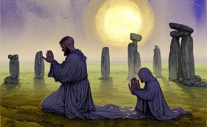 Image similar to a hyperrealist watercolour character concept art portrait of one small grey medieval monk kneeling in prayer as stonehenge floats in the air on a misty night. by rebecca guay, michael kaluta, charles vess and jean moebius giraud