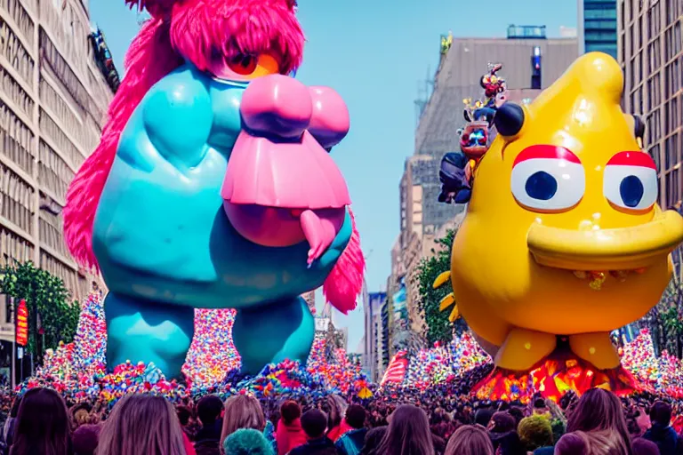Image similar to photo of giant cute elaborate parade float character designed by ( ( ( ( ( ( ( ( rutowski ) ) ) ) ) ) ) ) and beeple!!!!!!!!!!!!!!, in the macys parade, detailed 4 k photo,