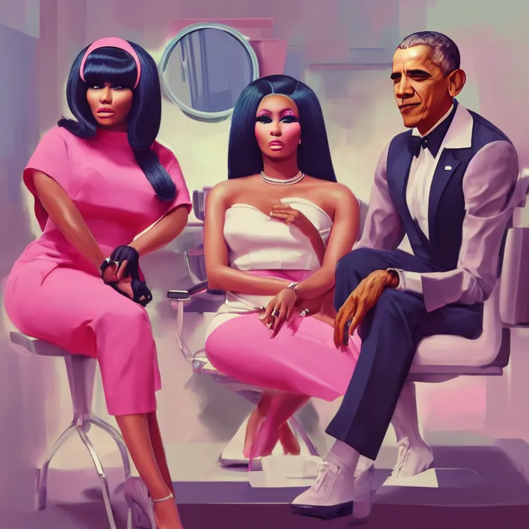 Prompt: 1 9 6 0 s concept illustration portrait of nicki minaj sitting next to barack obama in a barbershop. cinematic scene. volumetric lighting, flat style, pastel colors, hyper detailed. octane render. concept art. trending on artstation.