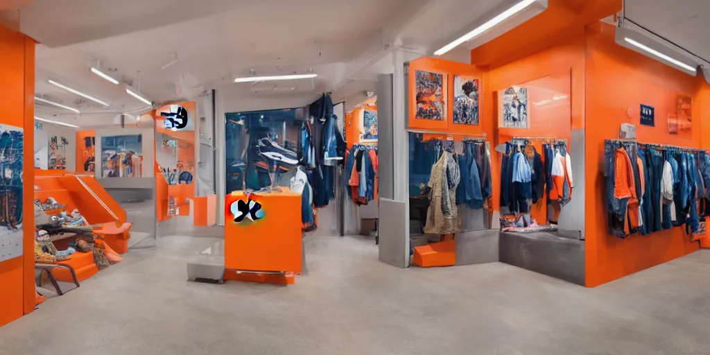 Prompt: New Balance Pop Up store, orange details, wood interior of staten ferry, ferry windows, cinematic lighting