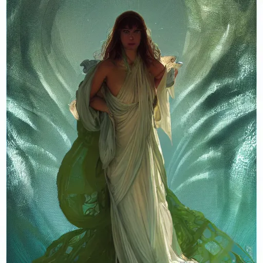 Image similar to epic masterpiece full body portrait of the Oracle at Delphi, female, gauze dress, inhaling the green fumes, highly detailed, digital painting, artstation, concept art, sharp focus, illustration, art by artgerm and greg rutkowski and alphonse mucha