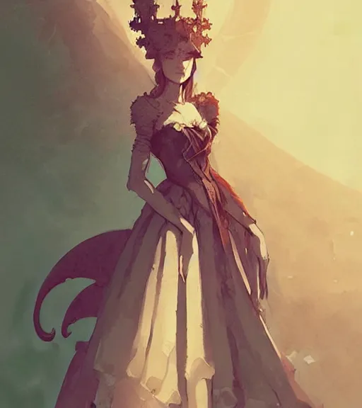 Image similar to portrait of a baroque dress design from fantasy world for dragon queen by atey ghailan, by greg rutkowski, by greg tocchini, by james gilleard, by joe fenton, by kaethe butcher, dynamic lighting, light color scheme, grunge aesthetic