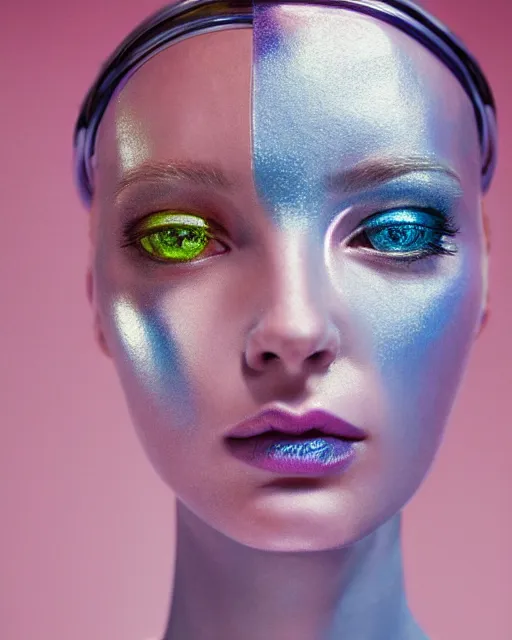 Image similar to natural light, soft focus portrait of an android with soft synthetic pink skin, blue bioluminescent plastics, smooth shiny metal, elaborate ornate head piece, piercings, skin textures, by annie leibovitz, paul lehr