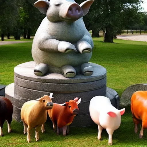 Image similar to statue of a pig, a cow, a horse, a chicken and a sheep
