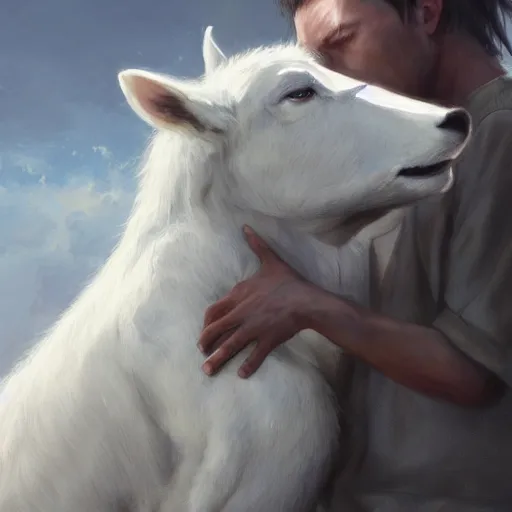 Prompt: a person hugging!!! a large white animal, a detailed painting by krenz cushart, pixiv contest winner, fantasy art, official art, detailed painting, pixiv. highly detailed. 4 k masterpiece. unreal engine. photorealistic. realism. cinematic. photorealism. wideshot