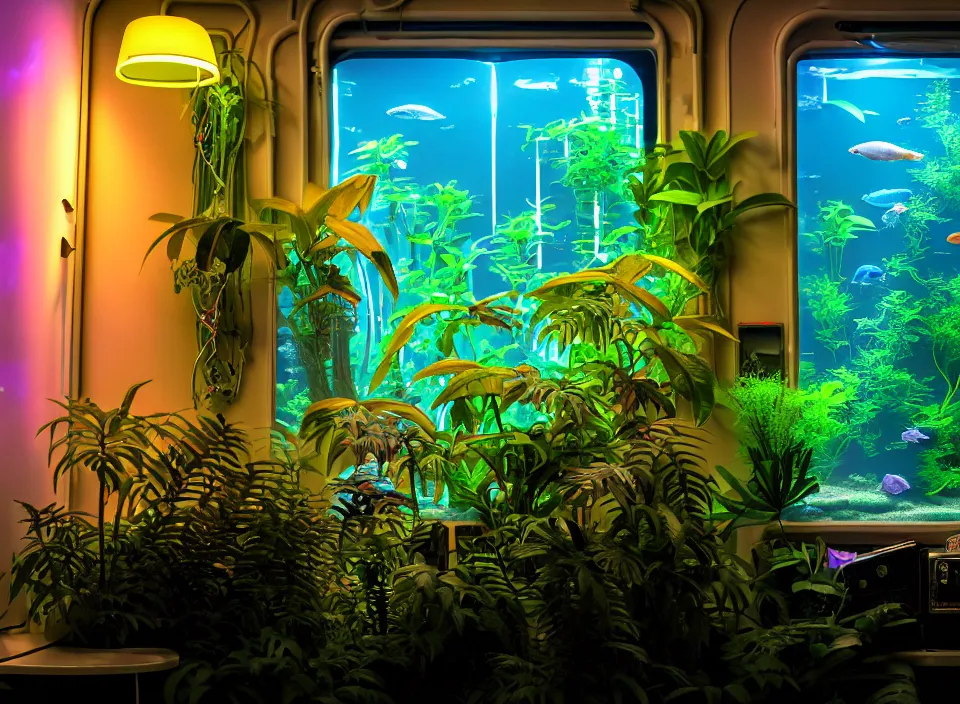 Image similar to telephoto 7 0 mm f / 2. 8 iso 2 0 0 photograph depicting an alien jungle plant in a cosy cluttered french sci - fi ( art nouveau ) cyberpunk apartment in a pastel dreamstate art cinema style. ( aquarium inset, computer screens, window ( city ), leds, lamp, ( ( ( aquarium bed ) ) ) ), ambient light.