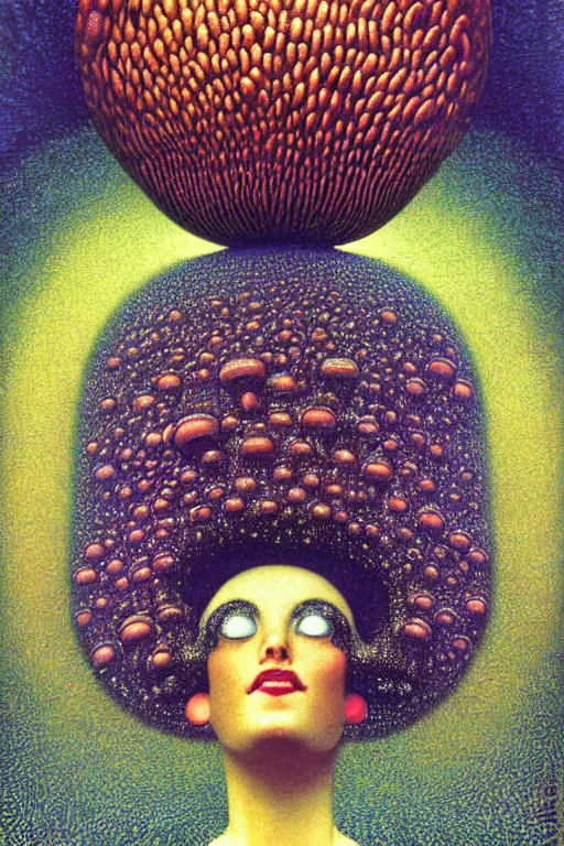 Prompt: art deco close up portait of mushroom head with big mouth surrounded by spheres, rain like a dream digital render curvalinear clothing dramatic fluid lines otherworldly vaporwave interesting details epic composition by artgerm moebius francis bacon gustav klimt