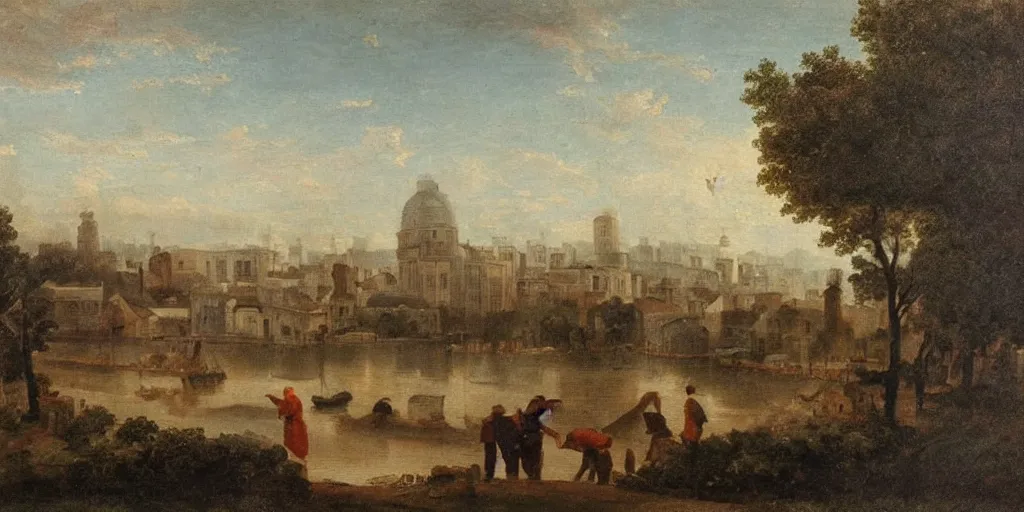 Image similar to stunning landscape painting of an city from 1 8 0 0