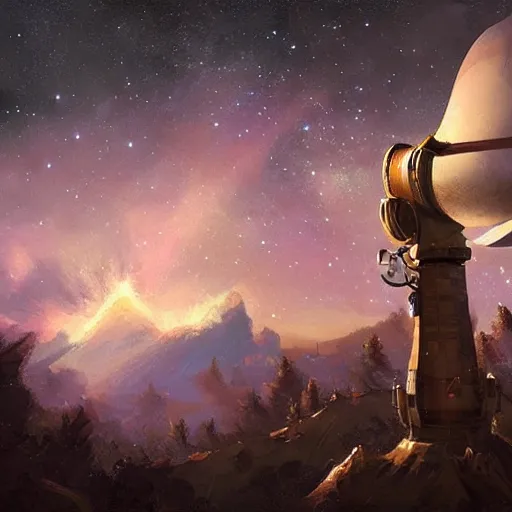 Image similar to modern binocular telescope looking at the galaxy sky, hearthstone coloring style, artwork by greg rutkowski, epic fantasy style art, fantasy epic digital art