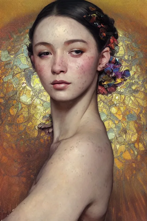 Prompt: an intricate oil painting of a beautifull woman portrait surounded by hiper detailed inkdrop in water, bumpy mottled skin, fluid acrilic art, colorfull, by yoshitaka amano, by greg rutkowski, by alphonse mucha by jeremyg lipkinng, by rhads, by ross tran, by artgerm, octane render