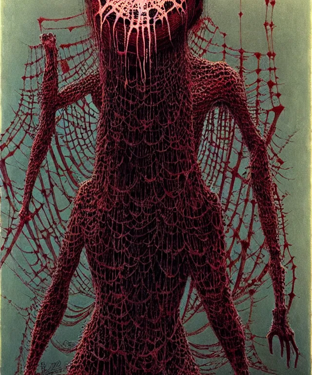 Prompt: a woman standing all covered in spiders, incredible number of spiders. extremely high details, many spider eyes, realistic, horror, creepy, web, masterpiece, art by hermann nitsch, zdzislaw beksinski, dariusz zawadzki, giger, dragan bibin, ed binkley