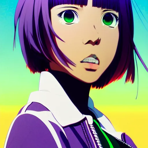 Prompt: anime poster film still portrait, african american young woman, purple colored eyes, white french bob, green colored bomber jacket, detailed facial features, dynamic pose, cute face by ilya kuvshinov, yoh yoshinari, makoto shinkai, rimlight, cel shaded, 4 k