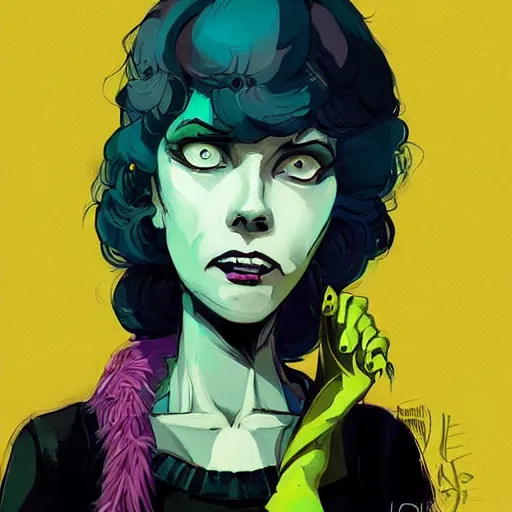 Image similar to Highly detailed portrait of a punk zombie young lady by Atey Ghailan, by Loish, by Bryan Lee O'Malley, by Cliff Chiang, inspired by image comics, inspired by graphic novel cover art !!!Yellow, green, black and purple color scheme ((dark blue moody background))