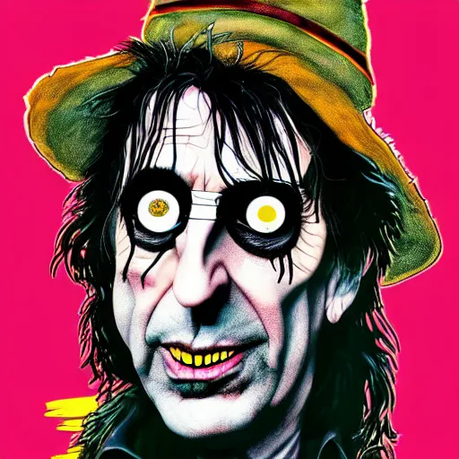 Prompt: graphic illustration, creative design, alice cooper as harry potter, biopunk, francis bacon, highly detailed, hunter s thompson, mixed media