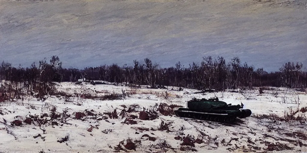 Prompt: “a single destroyed tank languishes in a field, WW2, Eastern front, winter, morning, daybreak, snow, painting by Isaac Levitan”