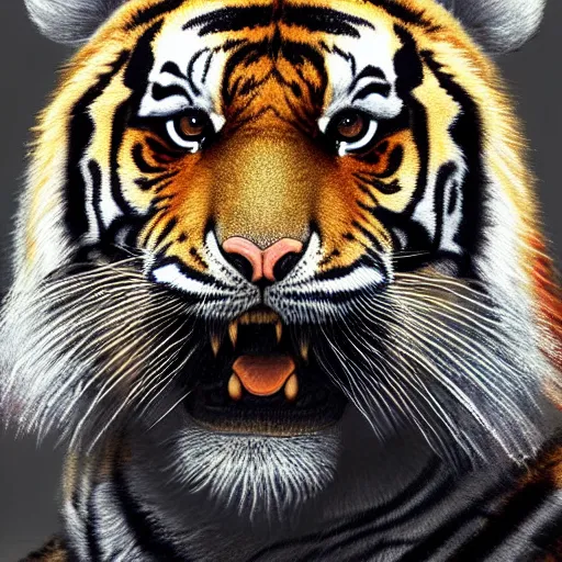 Image similar to an oil painting portrait of a tiger wearing medieval royal robe and an ornate crown on a dark background, digital Art, concept Art, highly detailed, 3-D 4K, trending on art station, Award winning, Mark Brooks