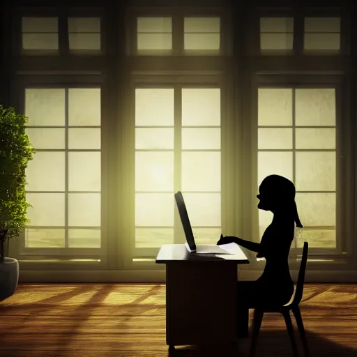 Image similar to peaceful dreamy painting of a young woman sitting at a desk with a black cat, sunshine coming through the window, 4k resolution, highly detailed