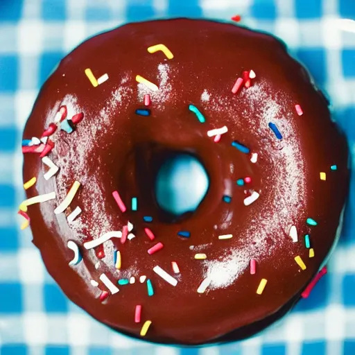 Prompt: a donut, chocolate frosting, on a plate in a busy diner, wide angle, cinestill 800