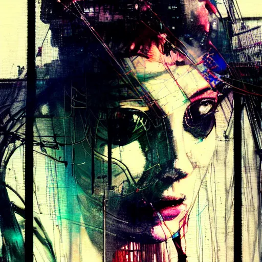 Image similar to a young punk woman lost in a cyberpunk noir glitchcore world of wires, and machines, by jeremy mann, francis bacon and agnes cecile, and dave mckean ink drips, paint smears, digital glitches glitchart