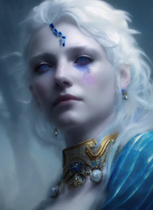 Prompt: a beatiful white haired princess with blue colored eyes, adorned with precious stone jewelry, intricate concept art, ethereal, ominous, misty, dramatic lighting, Octane Render, 8k, Ruan Jia and Jeremy Mann and Alphonse Mucha