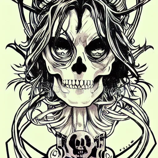 Image similar to anime manga skull portrait face skeleton illustration style by Alphonse Mucha and Jim Lee comic pop art nouveau