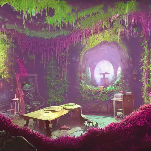 Prompt: concept art painting of a interior of a cozy alien fantasy cottage made of fungus, with black vines and magenta houseplants, realistic, detailed, cel shaded, dark, in the style of makoto shinkai and greg rutkowski and james gurney