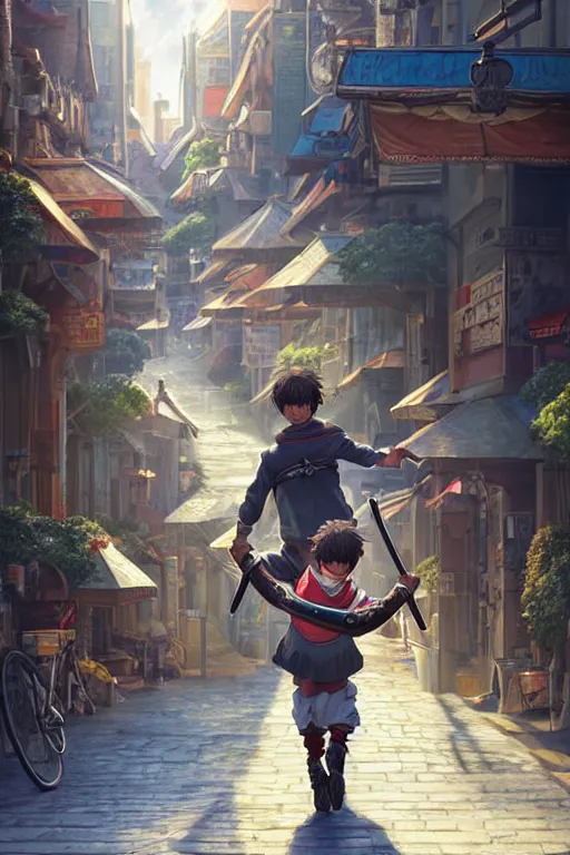 Image similar to ultra detailed keyart of sci - fy movie, a boy carrying a sword in his back is riding a simple bycycle in the main street of isekai shinjuku