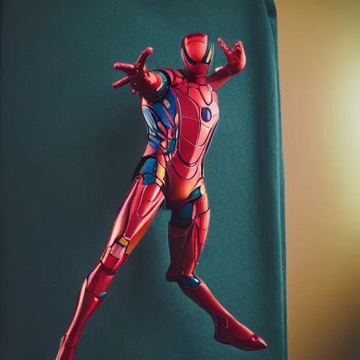 Image similar to a single iron man and spider - man hybrid, dslr, polaroid