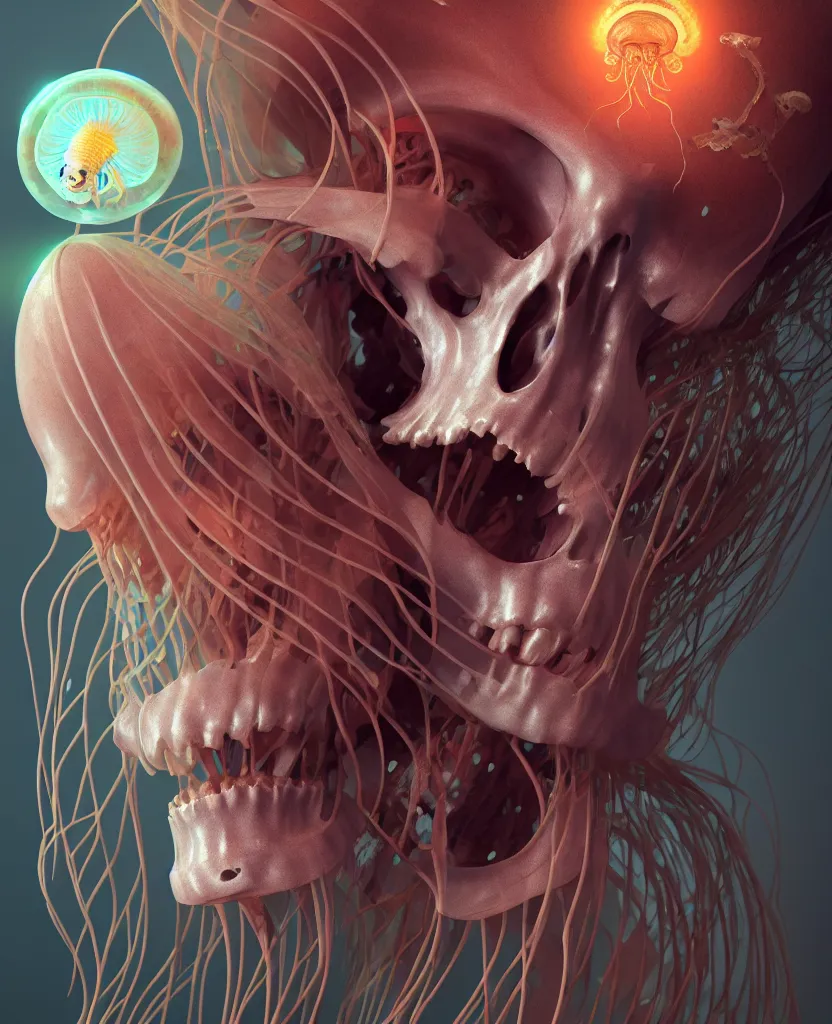 Prompt: goddess close - up portrait human skeleton, ram skull, jellyfish, orchid, betta fish, bioluminiscent, intricate artwork by tooth wu and wlop and beeple. octane render, trending on artstation, greg rutkowski very coherent symmetrical artwork. cinematic, hyper realism, high detail, octane render, 8 k