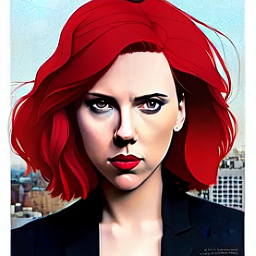 Image similar to phil noto, pretty scarlett johansson black widow, symmetrical eyes, long red hair, full body, city rooftop