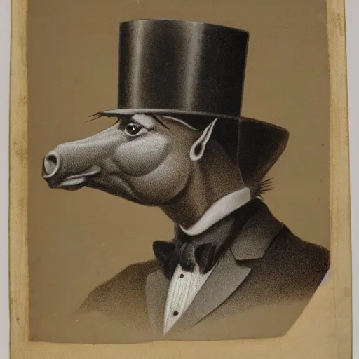 Prompt: anthropomorphous horse in gentleman's clothing wearing top hat, portrait