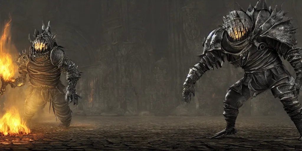 Image similar to minion as a darksouls boss, horror, hd, screenshot,