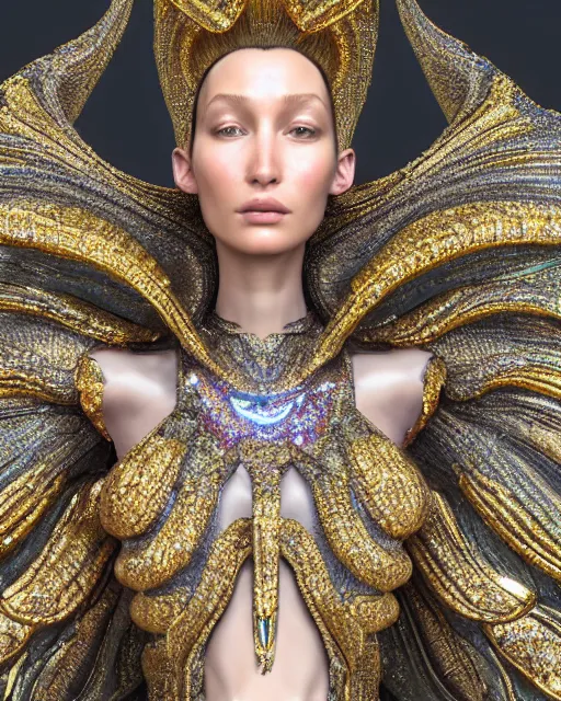 Image similar to a highly detailed metahuman 4 k close up render of an alien goddess bella hadid monument in iris van herpen armor schiaparelli in diamonds crystals swarovski and jewelry iridescent in style of alphonse mucha gustav klimt trending on artstation made in unreal engine 4