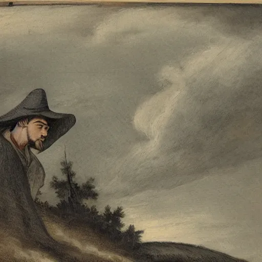 Image similar to a man in a grey cloak and brimmed hat with a staff travelling trough the forest and mountains looking at the clouds in the style of neo-romanticism