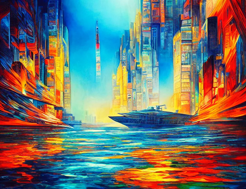 Prompt: ocean spirit lost in a metropolis. this art noveau painting by the award - winning artist has dramatic lighting, an interesting color scheme.