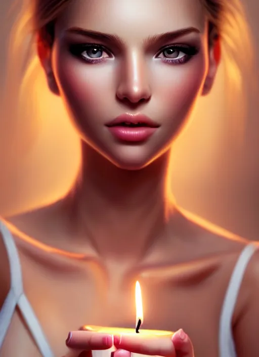 Image similar to a gorgeous female photo, professionally retouched, soft lighting, holding a candle, realistic, smooth face, perfect eyes, wide angle, sharp focus on eyes, 8 k high definition, insanely detailed, intricate, elegant, art by artgerm and wlop