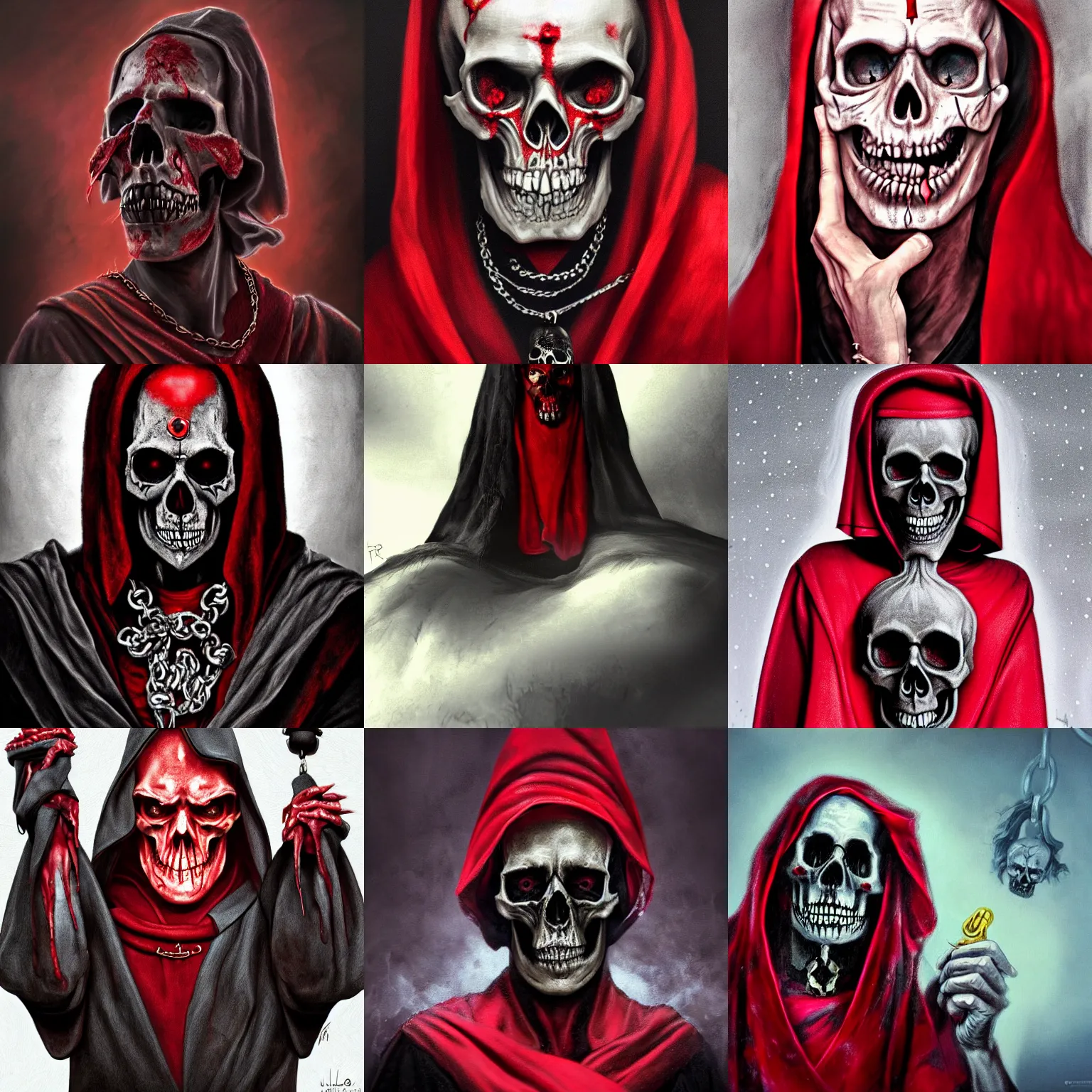 Prompt: portrait of rotten human dark lord, skull necklace, red robes, black eyes, facial symbols, octave render, hyper realism, masterpiece, HDR, concept painting with detailed face, high quality