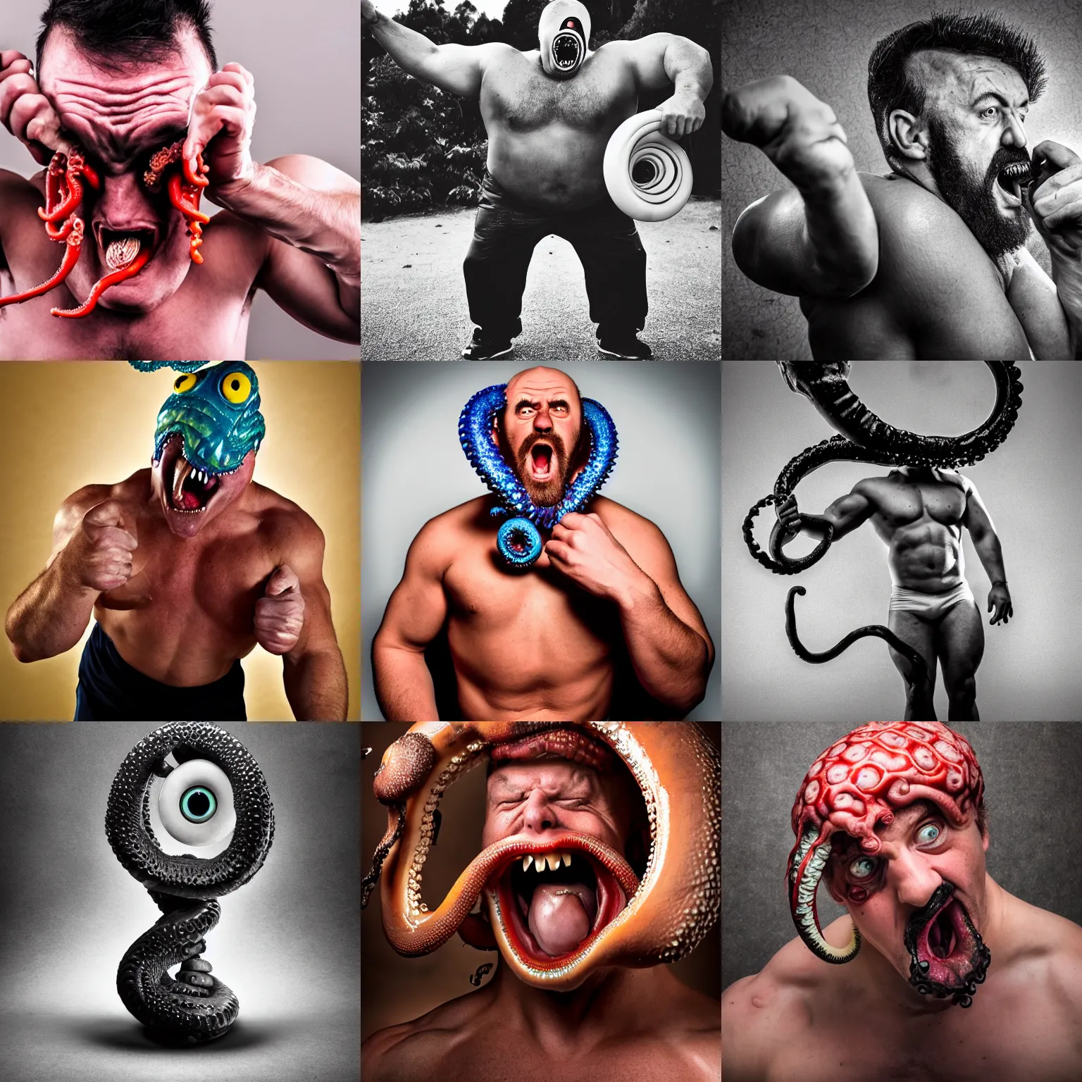 Prompt: strongman with spiral eyes and a tentacle coming out of his mouth, photography