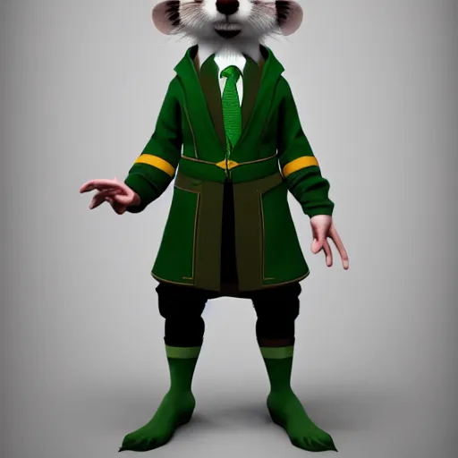 Image similar to a anthropomorphic ferret is dressed as a hogwarts student in slytherin robes, hyperdetailed, artstation, cgsociety, 8 k