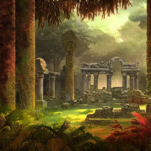 Prompt: ancient ruins in the forest, retrowave art, vaporwave, trending on art station