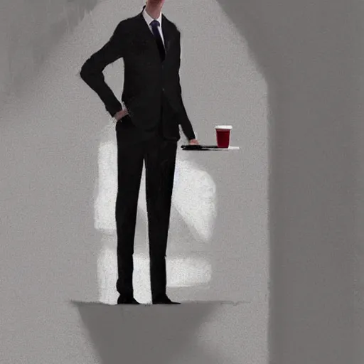 Image similar to concept art by greg rutkowski, very tall and thin young man, dressed in a lawyer's suit, standing drinking a coffee looking out a window in a minimalist, hi - tech, brutalist office, reddish exterior lighting, scifi, highly detailed portrait, digital painting, artstation, concept art, smooth, sharp foccus ilustration, artstation hq