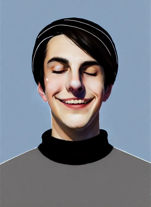 Image similar to portrait of teenage jughead jones wearing a light grey crown, crown, blue turtleneck, closed eyes, eyes closed, smile, crown, black hair, intricate, elegant, glowing lights, warm lighting, highly detailed, digital painting, artstation, concept art, smooth, sharp focus, illustration, art by wlop, mars ravelo and greg rutkowski