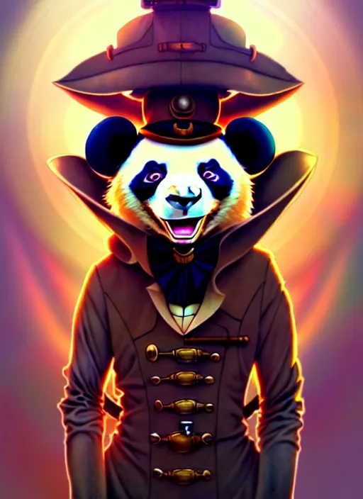 Image similar to don bluth, loish, artgerm, joshua middleton, steampunk, clockpunk anthropomorphic panda, full sailor suit, symmetrical eyes symmetrical face, colorful animation forest background