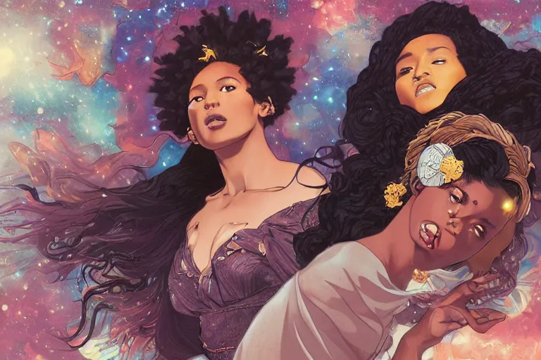 Prompt: black girl magic, powers and incantations in front of nebulae bursting, crisp digital painting by artgerm, by mucha by caravaggio and face by wlop