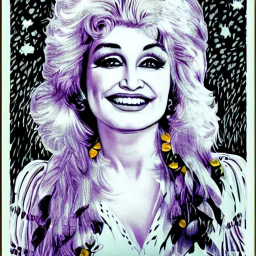 Image similar to young Dolly Parton portrait, graphic design poster, 70s, flower child, hippie, psychedelic