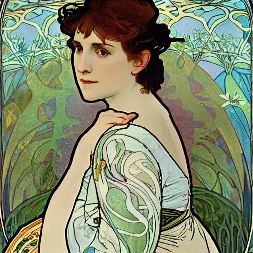 Image similar to A delicate painting of Lena Dunham sitting at a pond, by Alphonse Mucha, art nouveau, detailed, elegant